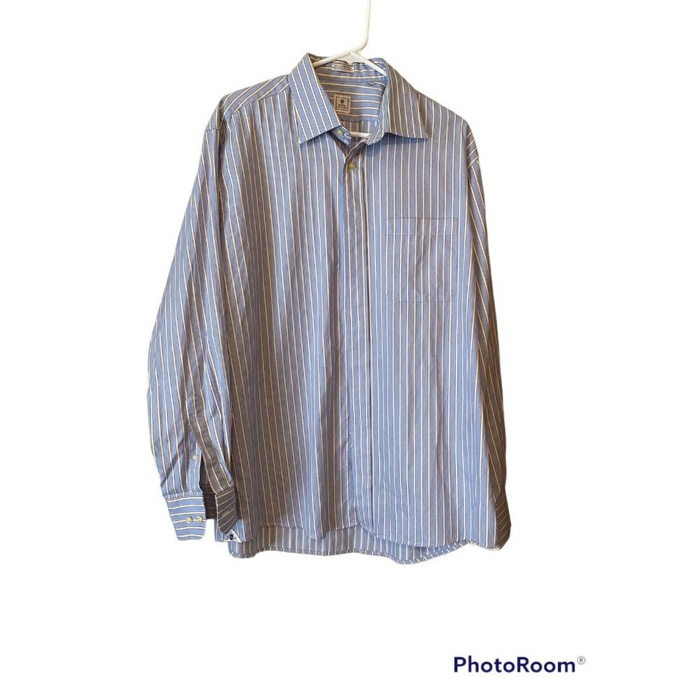 Peter Millar Mens L Long Sleeve Button Down Shirt Blue Stripe 100% Cotton 